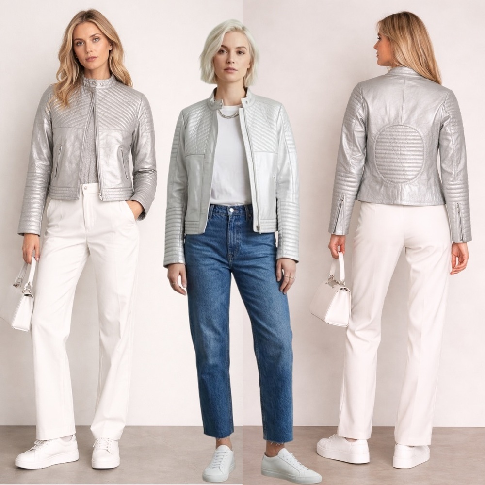 Womens Metallic Silver Quilted Lamb Sheep Leather Moto Jacket Bikercore Grunge S